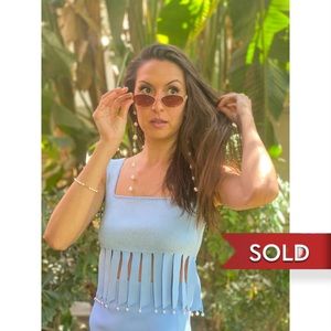 🆕 Staud Icy Blue "Mossy" Faux-Pearl Fringe Trim Top